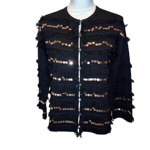 Edinburgh Knitwear Womens Jacket Black Size Medium Fringe Sequin Pure Wool NWT
